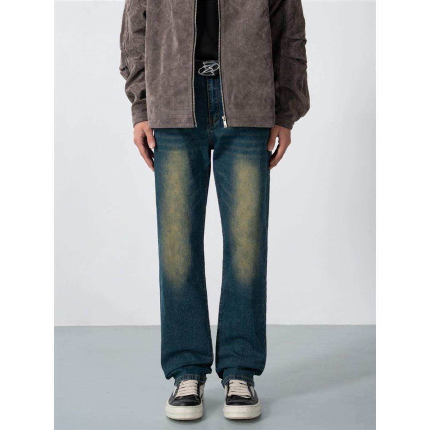 新因素水洗高街宽松直筒牛仔裤男美式做旧猫须基础百搭休闲长裤