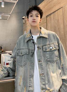 NKAOL复古水洗做旧牛仔外套潮牌高街vibe风痞帅宽松百搭工装夹克