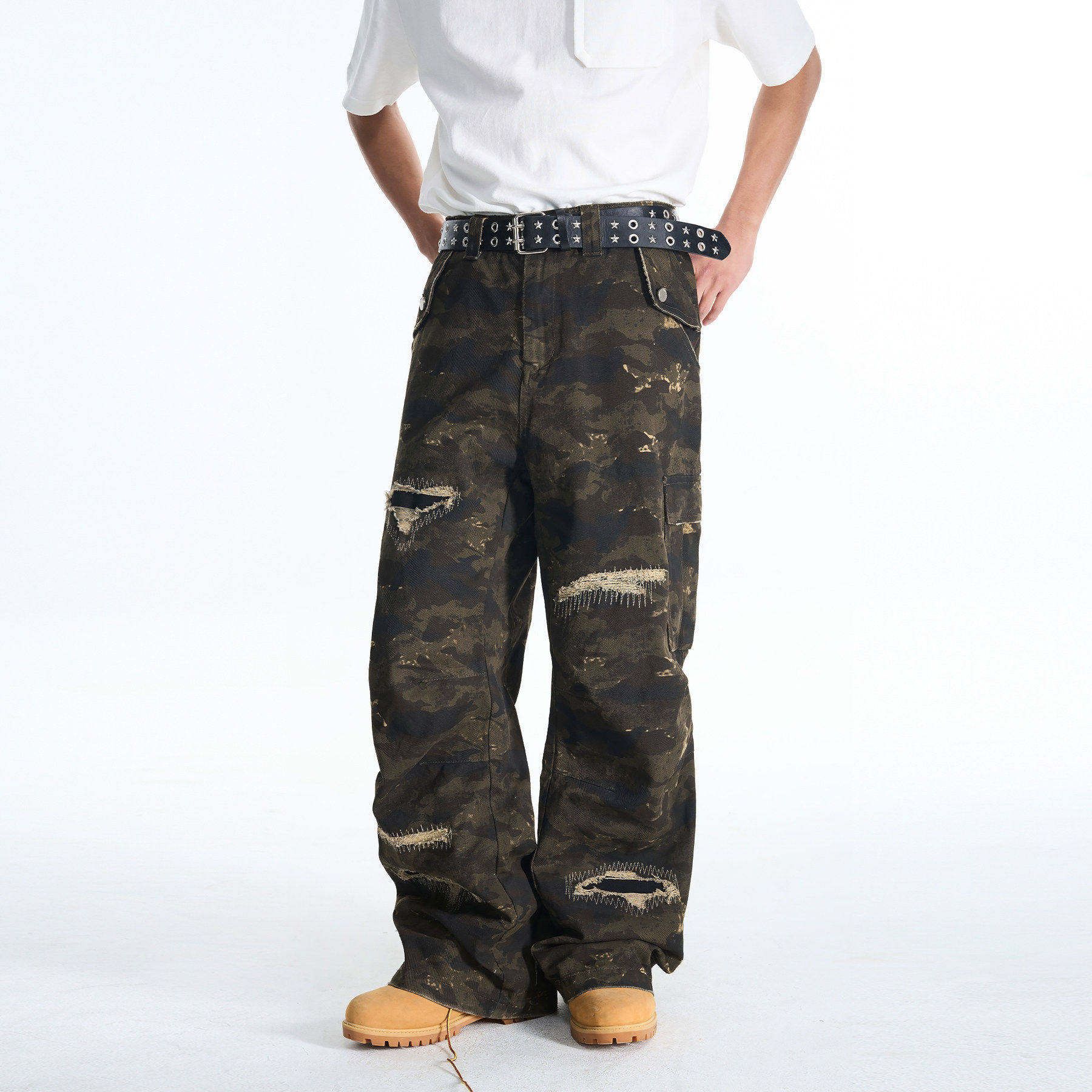 新因素美式高街复古迷彩刀割破洞修补程式缝线直筒vibe迷彩工装牛