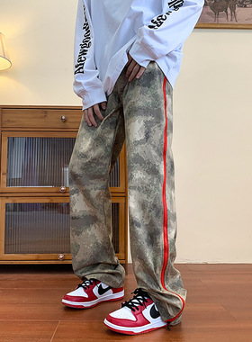VIRUS迷彩工装裤男春秋季高街潮ns休闲直筒宽松拉链开叉阔腿长裤