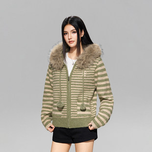 【Achock官方店】条纹毛领连帽针织衫重磅新款复古氛围感毛衣女