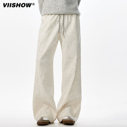 VIISHOW美拉德复古暗纹斜切卫裤男秋季美式高街微喇叭裤直筒休闲
