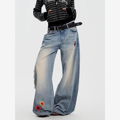 【Achock官方店】美式复古重磅珍珠刺绣长裤做旧直筒牛仔裤男女款