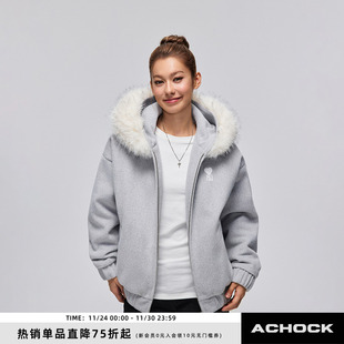 【Achock官方店】毛呢羚羊绒简约连帽毛领外套冬加厚保暖夹克棉服