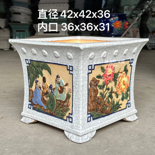 石湾花盆岭南园林贴花手工盆佛山陶瓷40大号四方海岛盆景蝴蝶兰盆