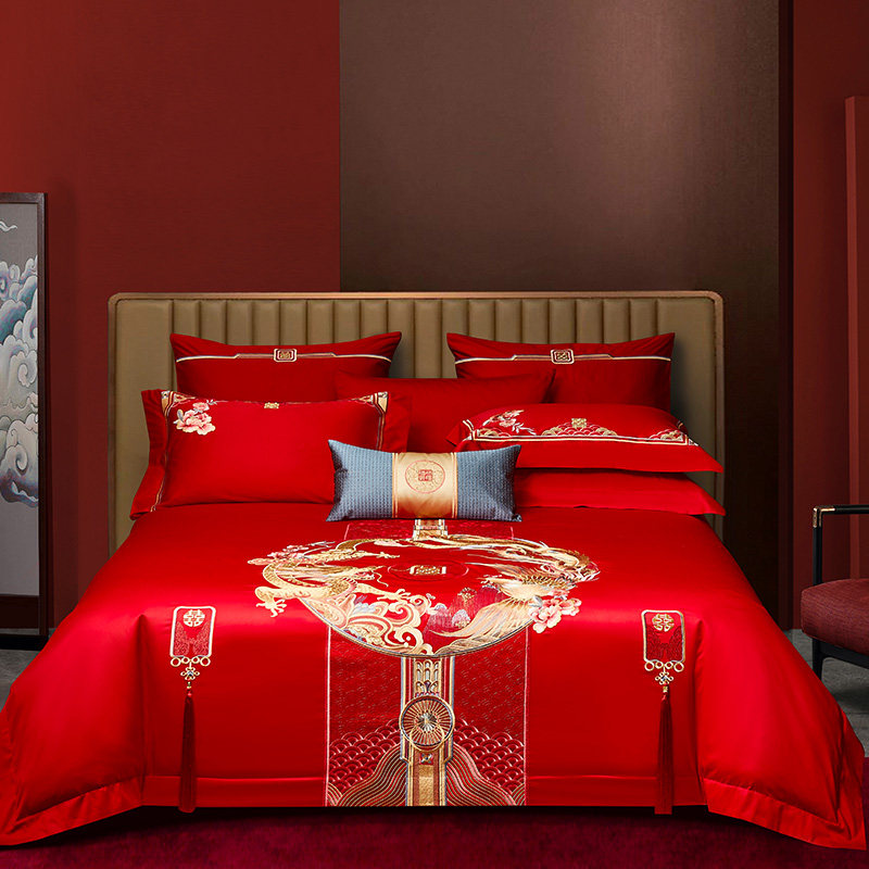 奢华婚礼结婚四件套红色床上用品全棉婚庆八件红色喜被子婚被套件