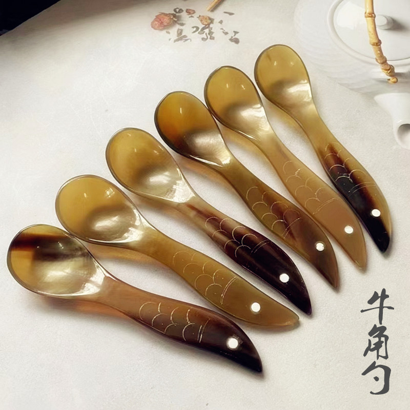 越南天然牛角勺子汤匙调羹吃饭餐具搅拌勺宝宝防摔小鱼勺子咖啡勺