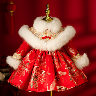 唐装女童拜年服红色喜庆宝宝过年拜年衣服中式周岁女宝礼服冬季