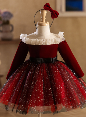 儿童礼服公主裙生日小礼服主持人钢琴演奏演出服女童礼服长袖红色