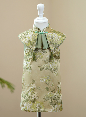 新款女童旗袍夏季国潮中式周岁礼服女宝宝抓周儿童唐装连衣裙绿色