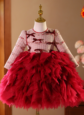 女童礼服小香风红色长袖女孩生日公主裙高端儿童钢琴主持人演出服