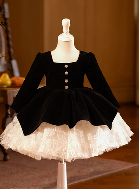 黑色儿童公主裙女孩生日主持人钢琴演出服女童高端小礼服长袖洋气