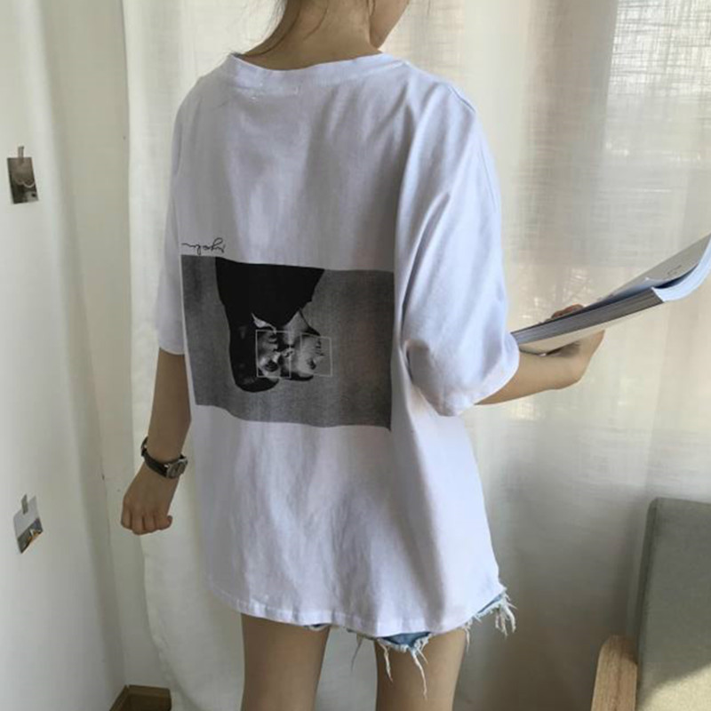 2018夏装新款chic韩版宽松百搭复古人物印花白色短袖T恤上衣女潮