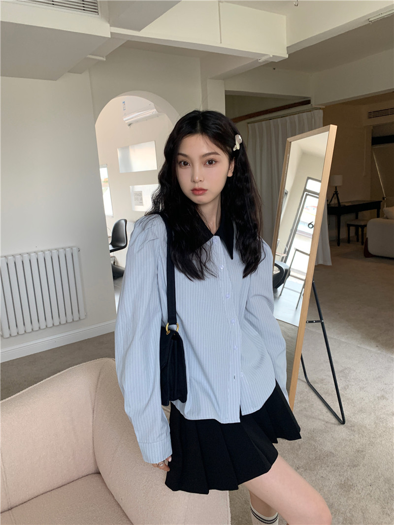 PPSHD减龄撞色娃娃领条纹衬衫春季女装学院风宽松内搭长袖衬衣