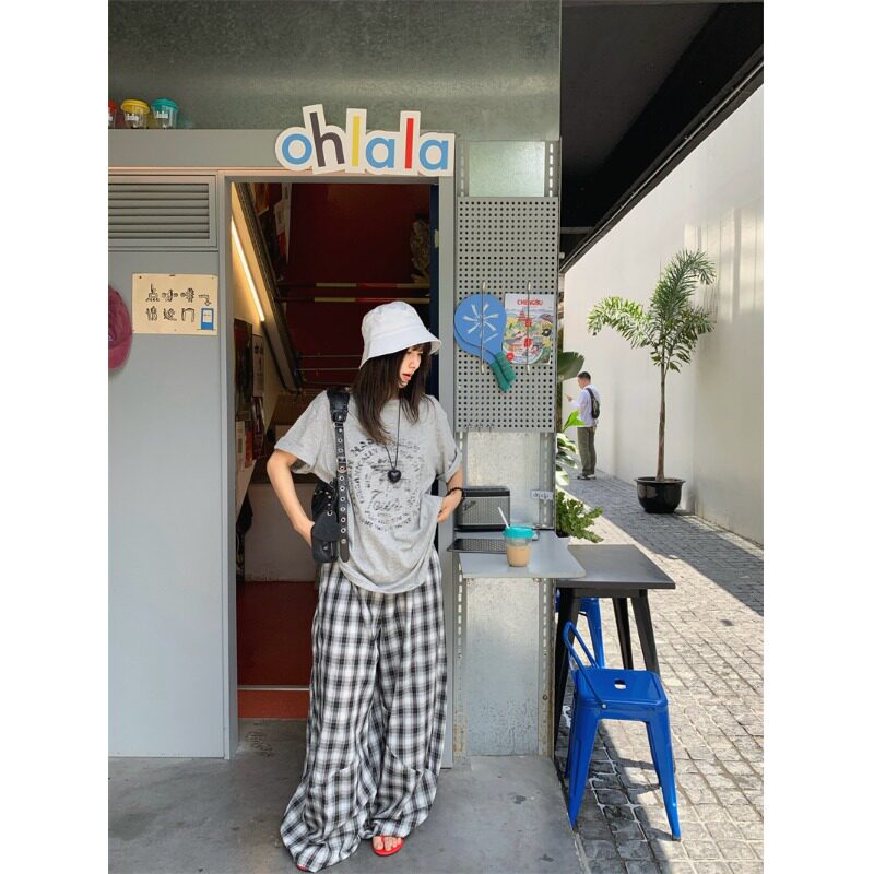 PPSHD|慵懒风舒适宽松水墨印花灰色短袖T恤上衣
