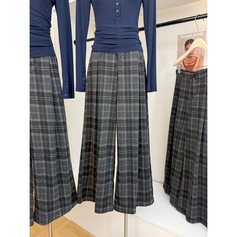 PPSHD| 经典复古黑灰格纹休闲裤女宽松直筒百搭慵懒感气质长裤