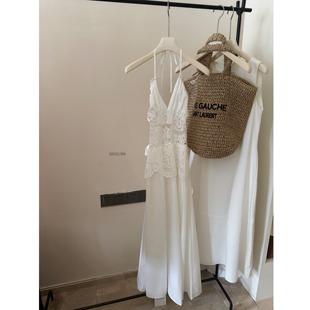 PPSHD有洧罗马假日白色蕾丝镂空挂脖连衣裙女夏V领无袖长裙