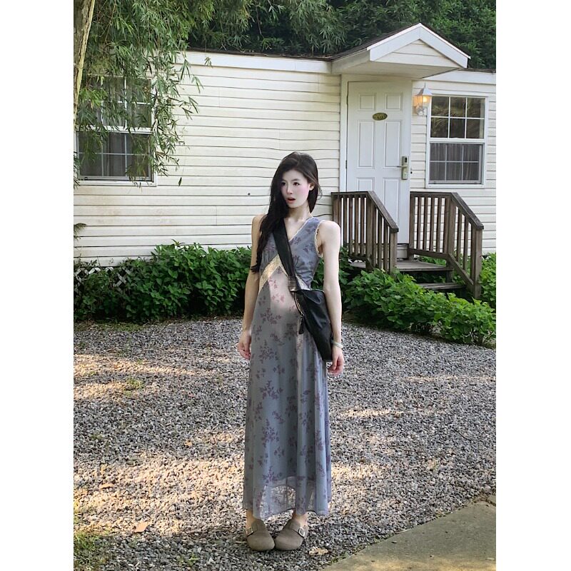 PPSHD｜ 紫罗兰碎花连衣裙女长款气质显瘦裙子无袖气质