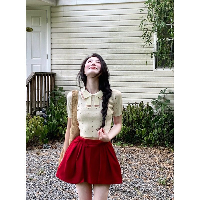 PPSHD 糖霜尾迹 桃心条纹少女短袖针织衫红蝴蝶结半裙短裙