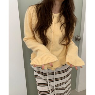 PPSHDchic韩系鹅黄色荷叶边针织开衫女新款独特漂亮短款毛衣外套