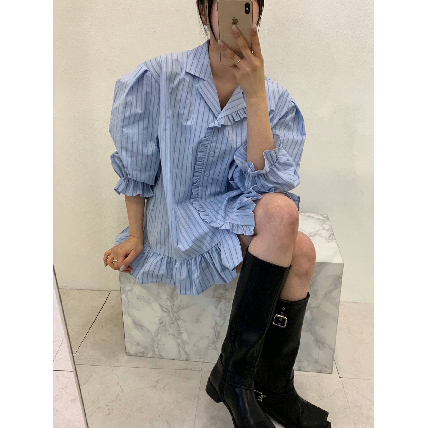PPSHD| 韩国东大门小众设计感木耳边拼接条纹衬衫连衣裙女