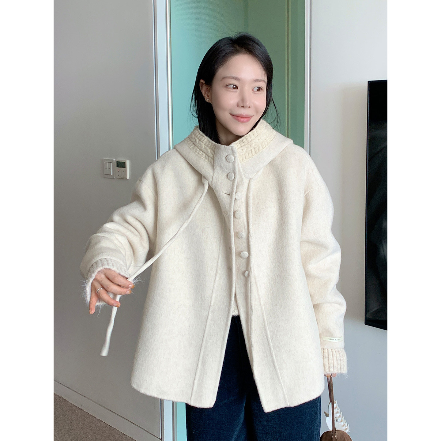 PPSHD 韩国东大门拼接针织连帽系带毛呢外套女
