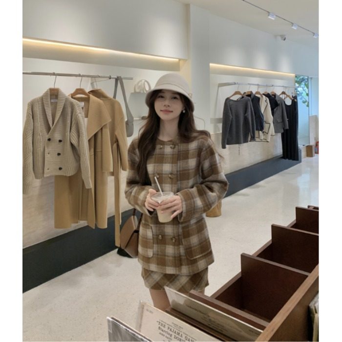 PPSHD韩系复古美拉德风气质撞色格子夹棉毛呢外套+高腰半身裙套装