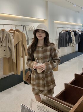 PPSHD韩系复古美拉德风气质撞色格子夹棉毛呢外套+高腰半身裙套装