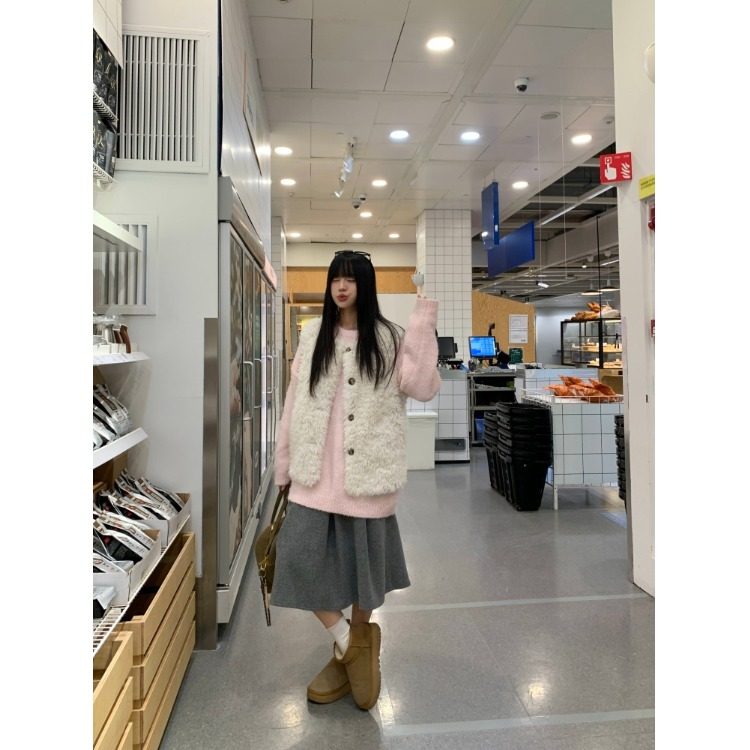 PPSHD 韩系白色毛毛马甲设计感压褶毛呢半身裙粉色毛衣套装,女装/女士精品,时尚套装,淘宝优惠券,粉丝福利购,淘宝优惠卷