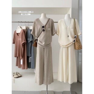 PPSHD|华夫格短袖套装新款法式慵懒风v领短袖针织衫阔腿裤两件套