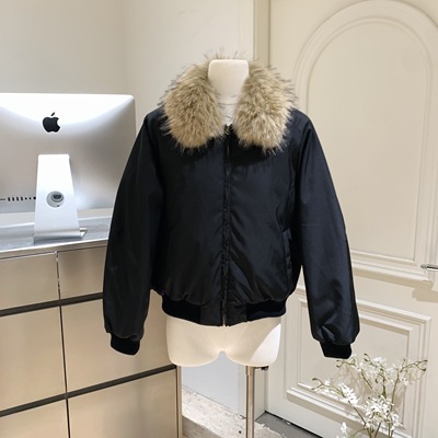 PPSHD 黑色夹克带毛领短款修身羽绒服上衣外套