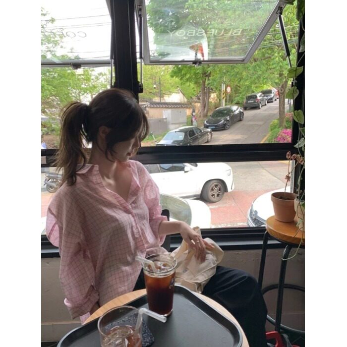 PPSHD| 韩国ins 甜美少女 薄款防晒宽松格纹长袖衬衫