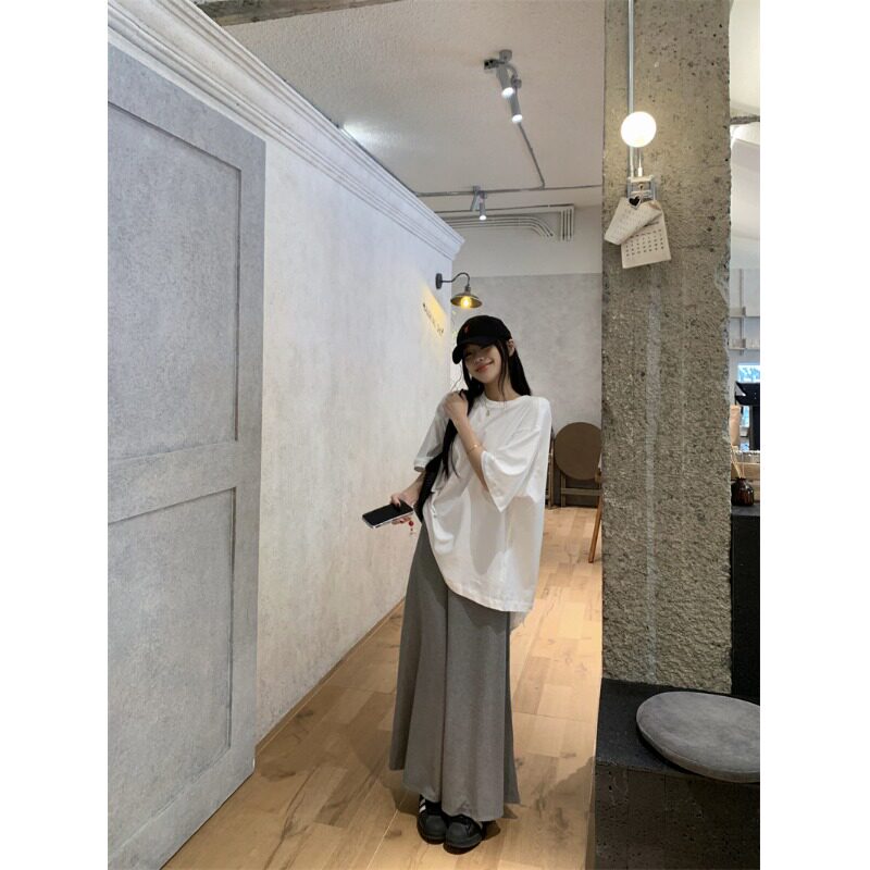 PPSHD｜ 新款后背细带白色宽松短袖T恤上衣+灰色半身裙