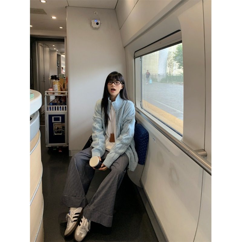 PPSHD现奶蓝色立领麻花毛衣外套秋冬款宽松加厚针织外套女