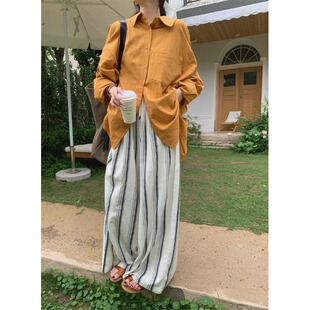 PPSHD｜ 春款橘色棉麻防晒长袖衬衫+条纹休闲裤套装