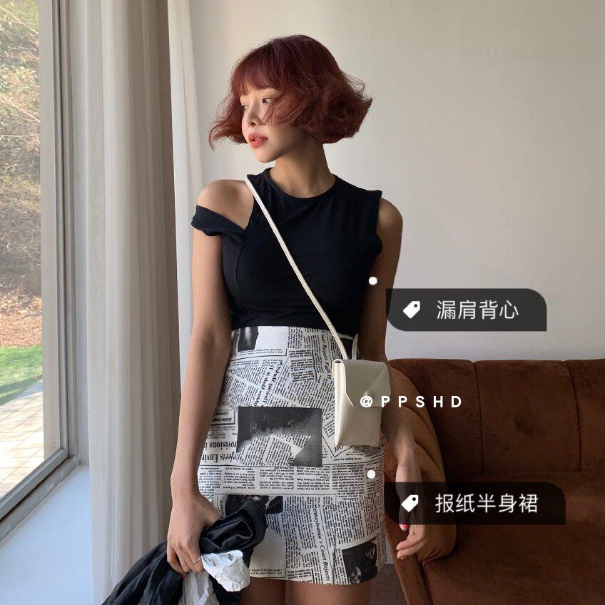 PPSHD!19夏韩国复古洋气时髦单品露肩t+高腰侧拉链报纸印花迷你裙在类目 女装/女士精品, 半身裙中 - 来自Buy2taobao.com提供专业的淘宝代购服务
