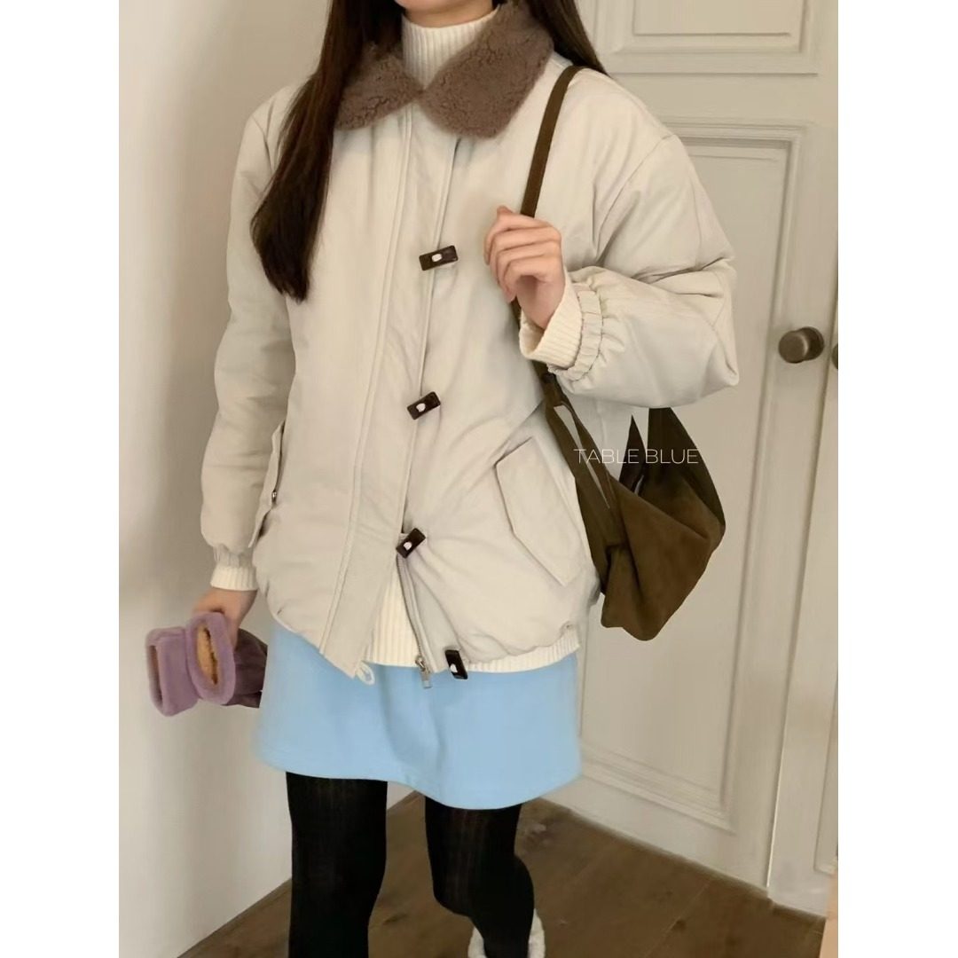 PPSHD冬季棉服外套女2025新款宽松百搭翻领牛角扣加厚棉衣