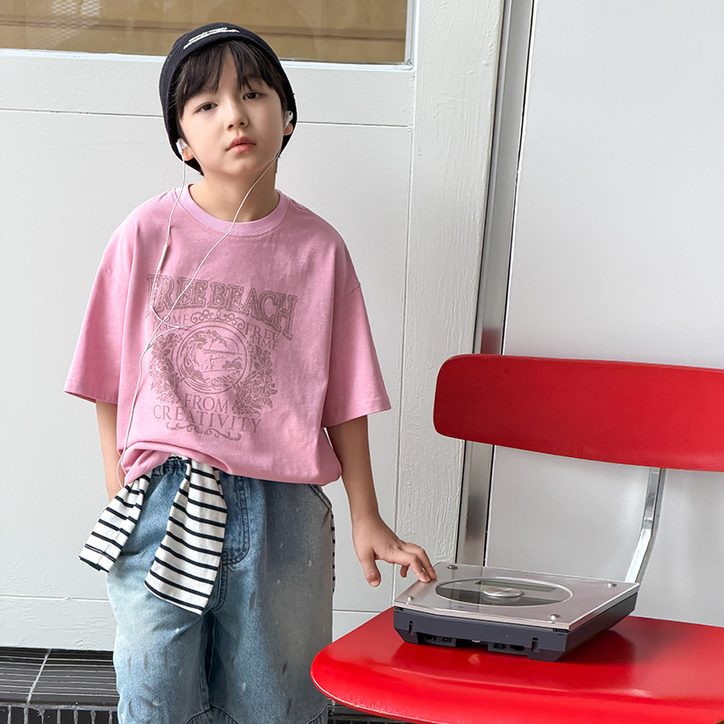 依依妈男童全棉短袖t恤儿童夏装薄款宝宝字母印花宽松休闲打底衫