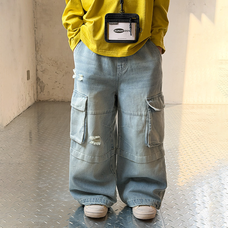 依依妈男童破洞工装牛仔裤儿童春装宝宝宽松复古砂洗直筒休闲裤子