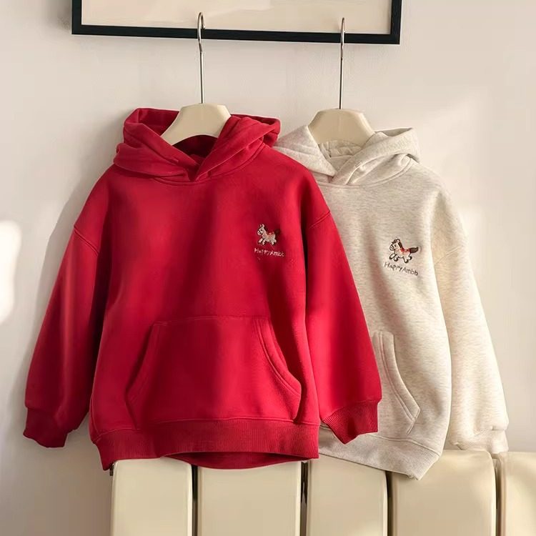 依依妈男童加绒连帽卫衣儿童冬装宝宝加厚字母小马印花打底拜年服