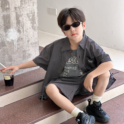 男童短袖翻领格子衬衫+短裤套装