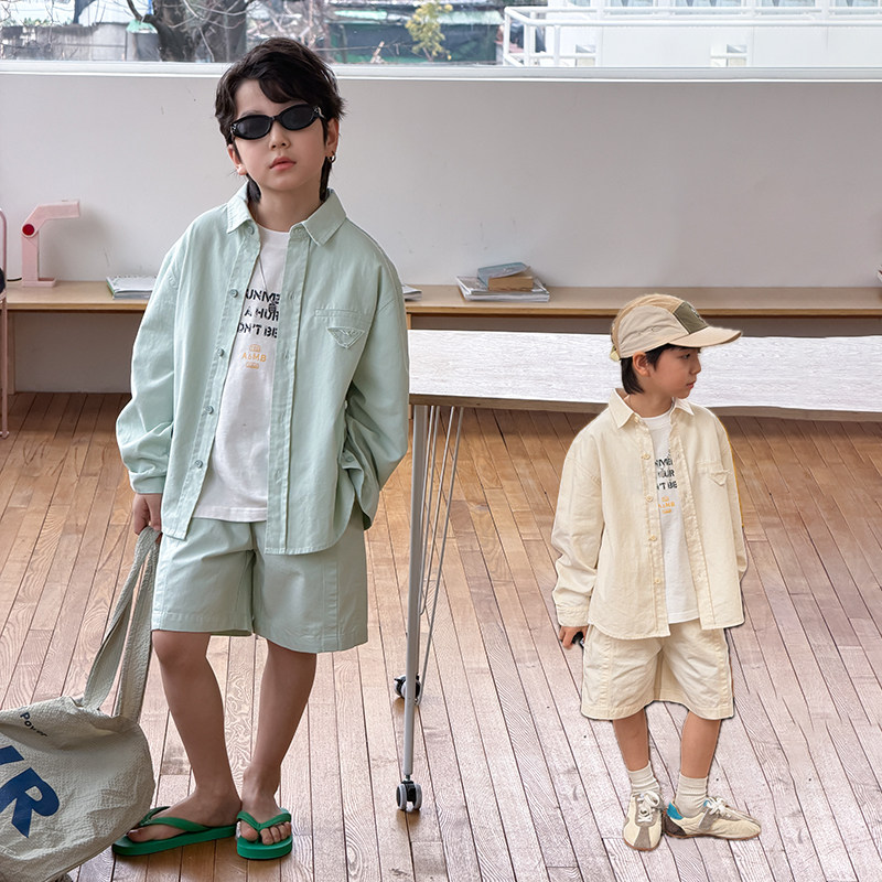 依依妈男童全棉休闲套装儿童春装宝宝宽松工装长袖衬衫短裤两件套
