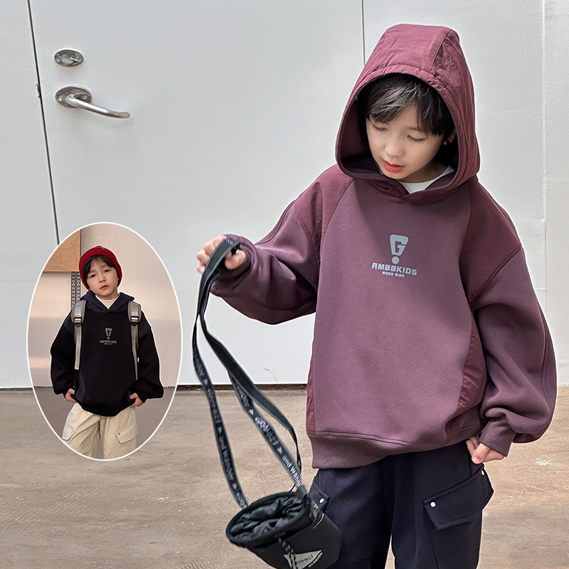 依依妈男童加绒拼接连帽卫衣儿童冬装上衣宝宝宽松休闲字母打底潮