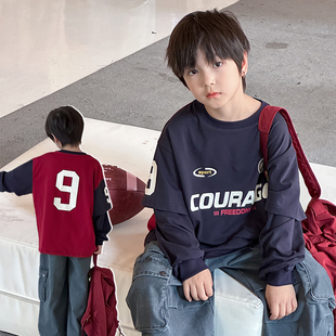 依依妈男童全棉拼接撞色假两件卫衣儿童秋装上衣宝宝字母印花打底