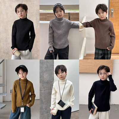 依依妈男童高领纯色加厚坑条毛衣