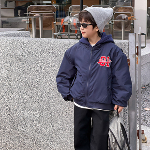 依依妈男童刺绣夹棉加厚连帽棒球服儿童冬装上衣宝宝休闲棉服外套