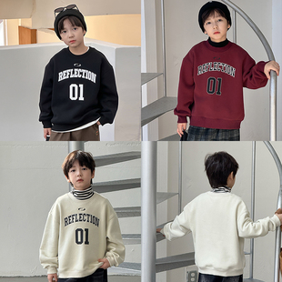 依依妈男童加绒卫衣儿童冬装宝宝宽松圆领休闲字母数字刺绣打底衫