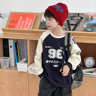 依依妈男童运动撞色拼接擦肩卫衣儿童秋装宝宝字母数字印花打底衫