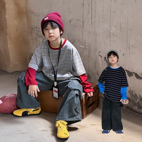 依依妈男童条纹假两件长袖t恤儿童秋装上衣宝宝宽松圆领套头打底