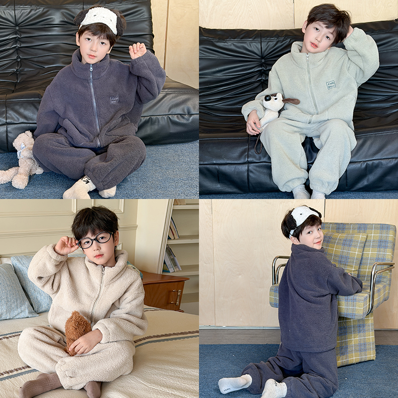 依依妈男童加厚双面毛绒睡衣套装